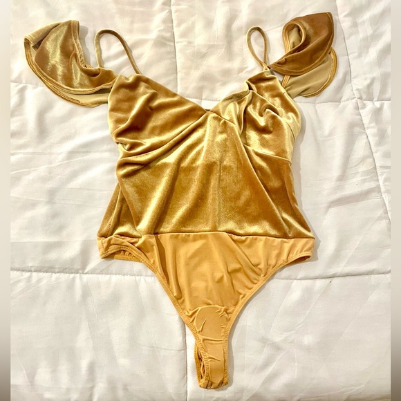 Lulus I'm Flattered Mustard/Light Brown Velvet Bodysuit! - Picture 6 of 14